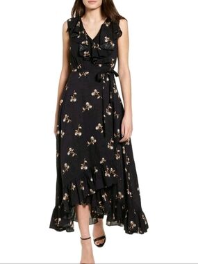 BP. Nordstrom Black Floral Ruffle High-Low Wrap Dress